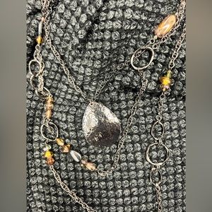 Chicos 3 tier necklace in gun metal and stones with tear drop